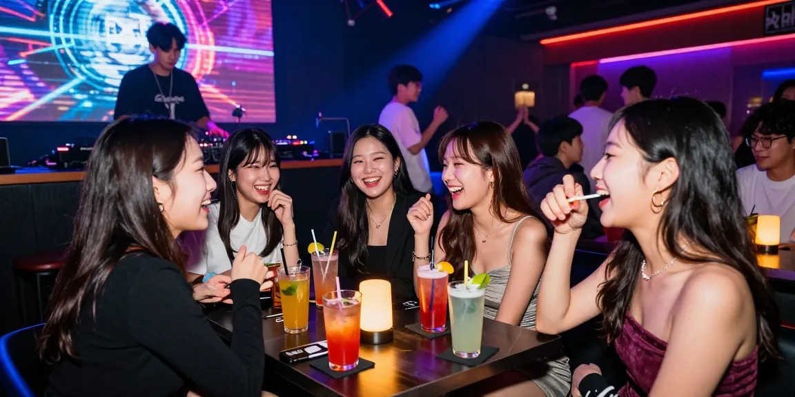 A lively night at 상봉동 한국관나이트 featuring friends enjoying cocktails and dancing.