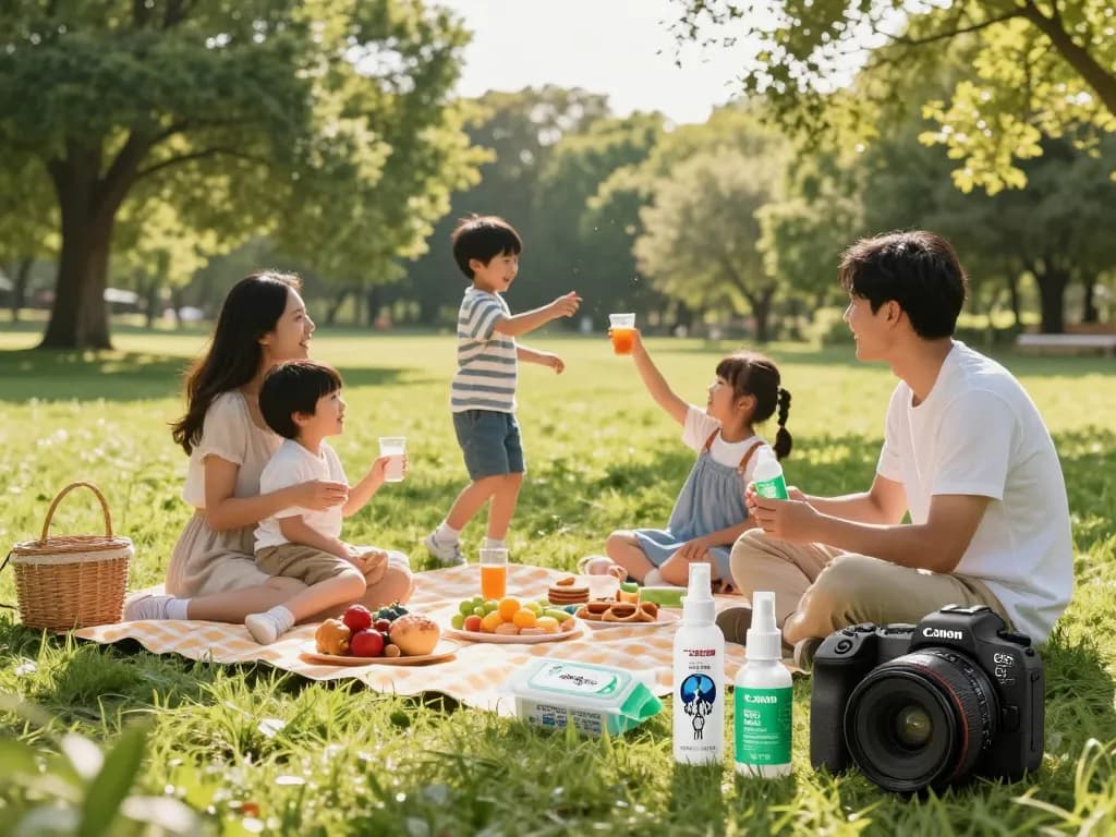 Family enjoying a picnic in a park with mosquito repellent products on display, enjoying mosquito-free fun.
