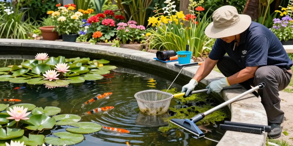 Pond cleaning Essex: technician removing algae from a vibrant garden pond, showcasing professional care and maintenance.