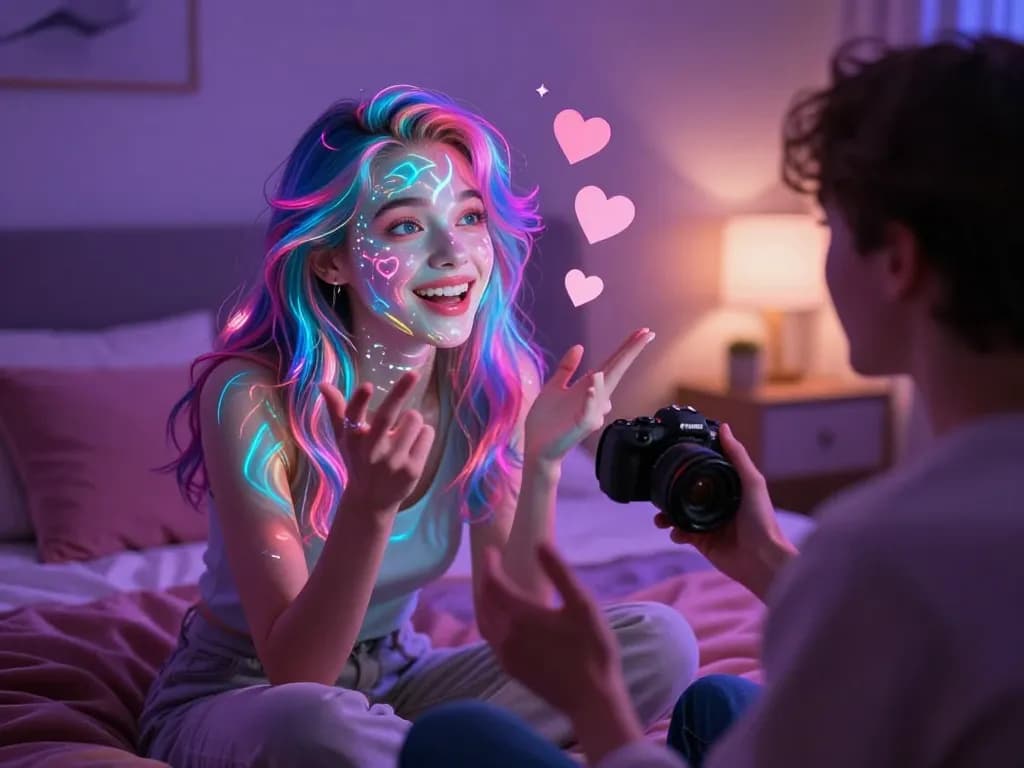 NSFW AI chat with a holographic character in a cozy virtual bedroom.