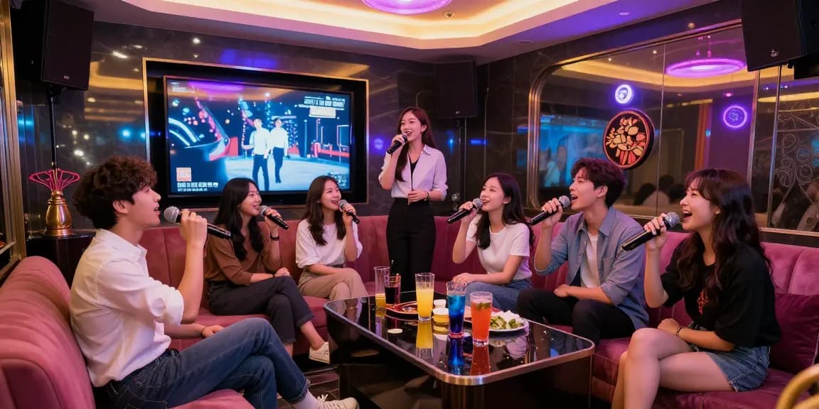 Group of friends celebrating at 강남가라오케, enjoying drinks and singing in a luxurious karaoke room.