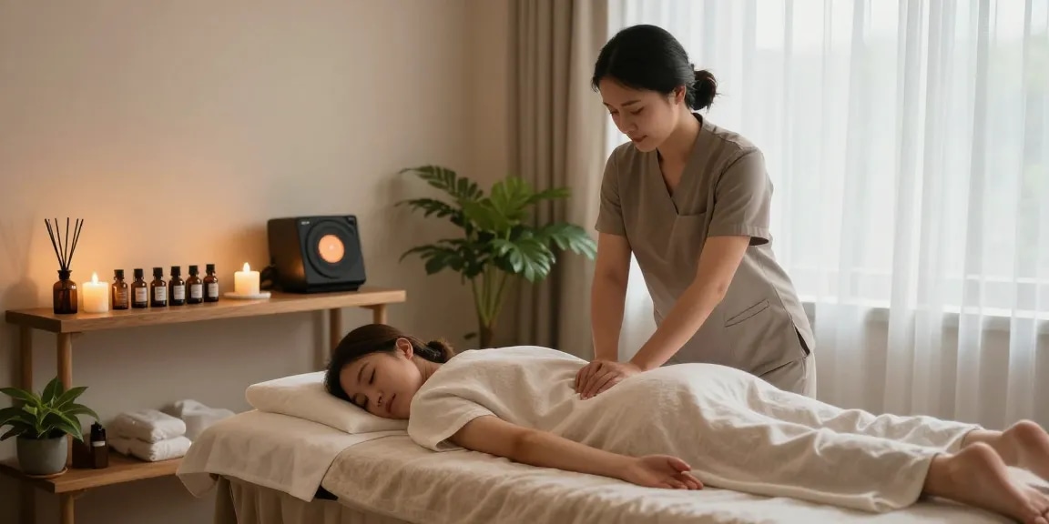 1인샵 massage therapist creating a calming atmosphere with essential oils and soft lighting.