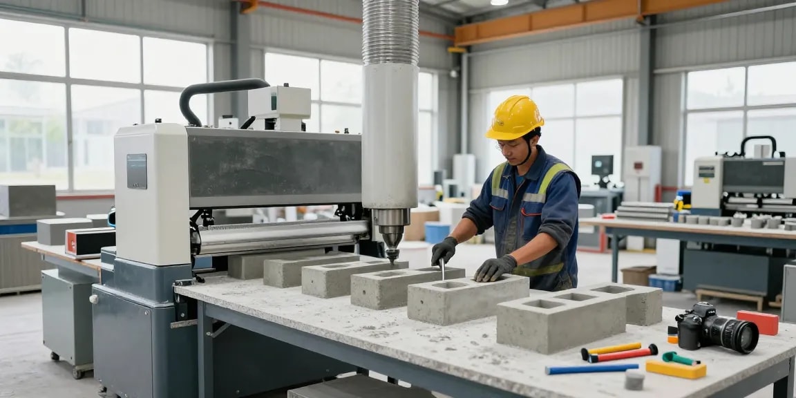 NAGA2000 machinery in concrete fabrication workshop with skilled worker