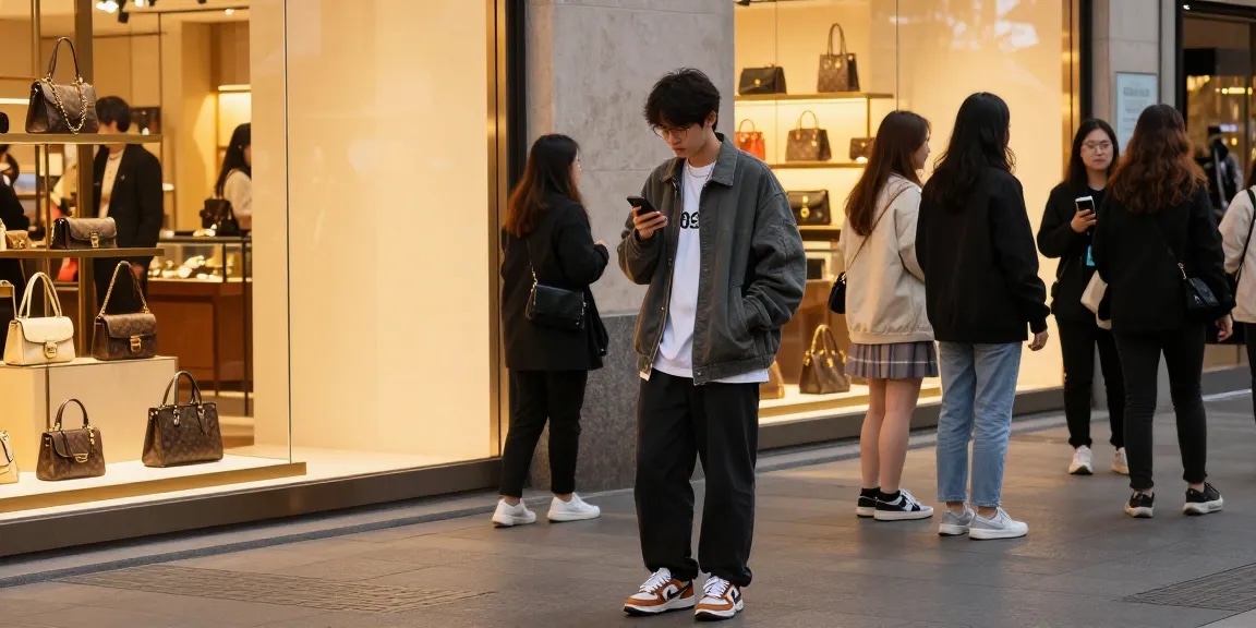 Engaging urban scene showcasing a person using a 레플리카 쇼핑몰 on their smartphone surrounded by trendy fashion.