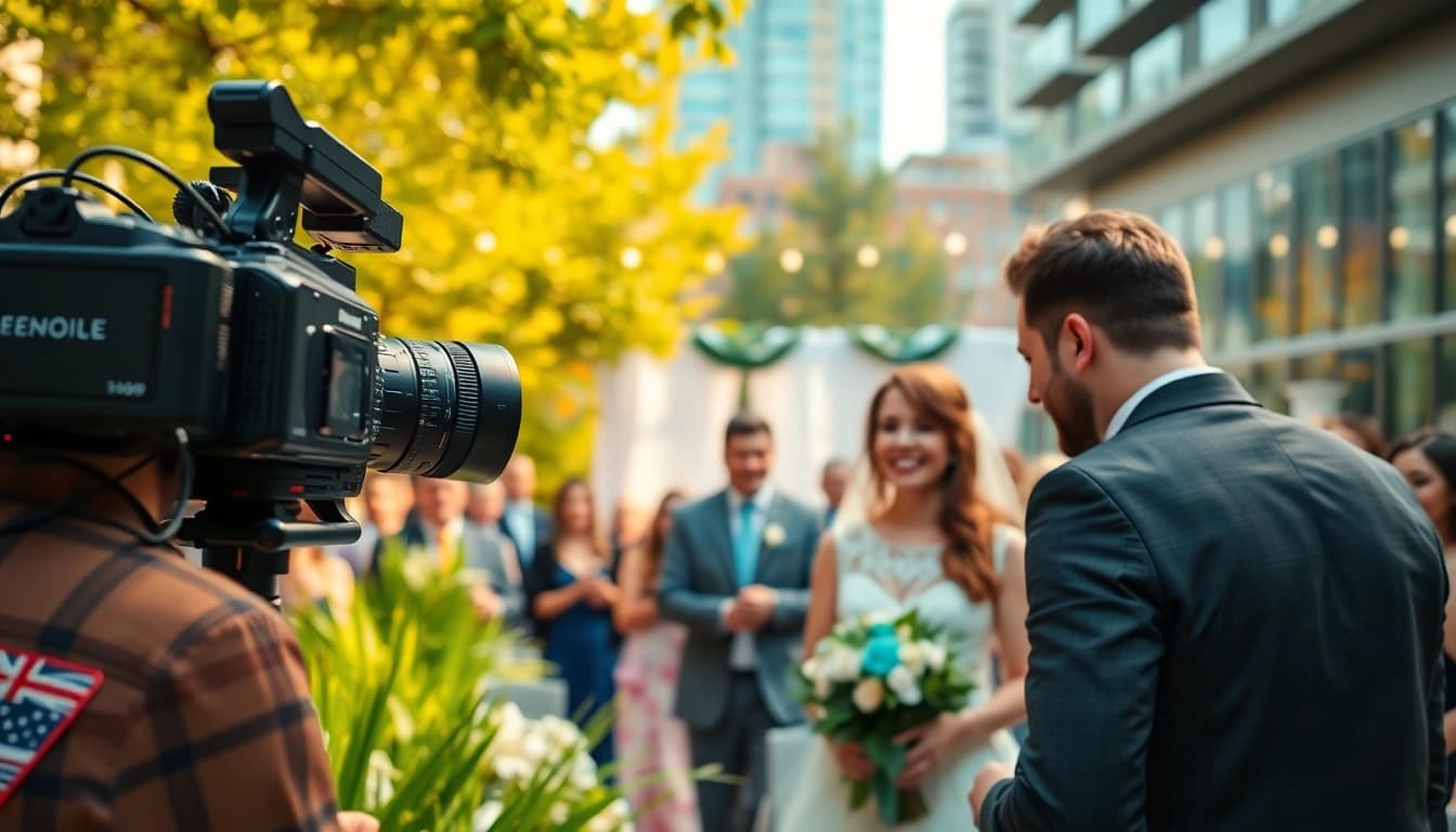 Engaging shot of an edmonton videographer capturing vibrant wedding moments outdoors.
