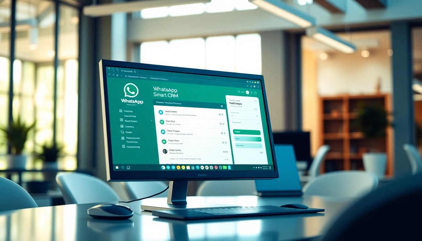 Enhance customer engagement using the efficient WhatsApp Smart CRM interface in a modern office.
