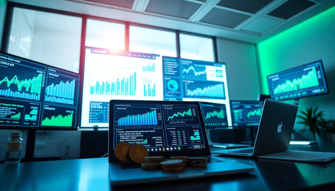 Engaging workspace illustrating cloud mining app performance with digital screens and analytics.