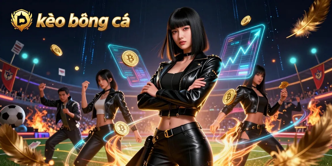 Engage in kèo bóng đá excitement with a powerful Asian woman in a dynamic sports betting arena.