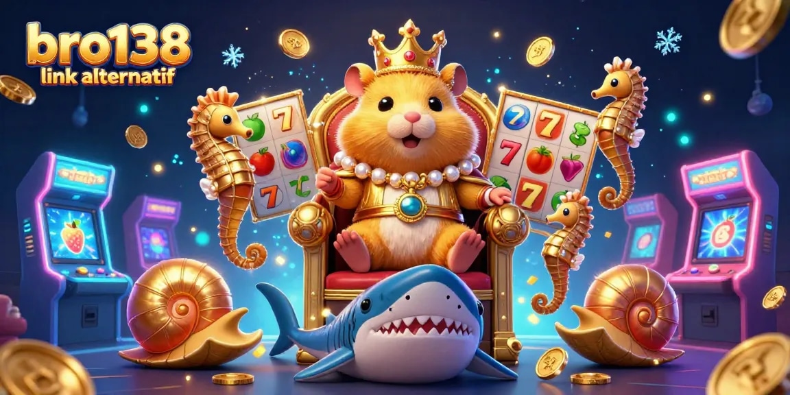 Engage with the vibrant bro138 link alternatif scene featuring a hamster king in a casino paradise full of slot game elements.