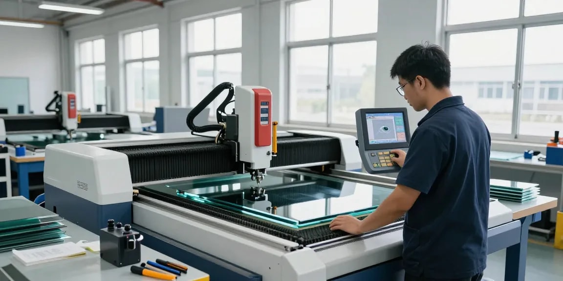 Technician operating a cutting machine glass in a modern workshop setting