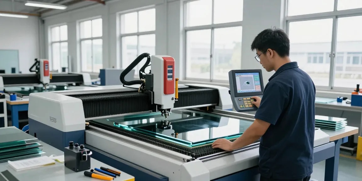 Technician operating a cutting machine glass in a modern workshop setting