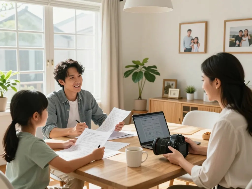 Sell my house fast for cash with a family discussing offers at the dining table.
