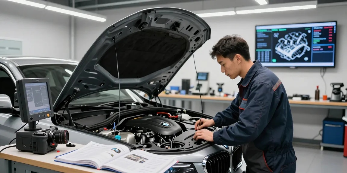 Fachmann beim bmw steuerkette wechseln in moderner Werkstatt