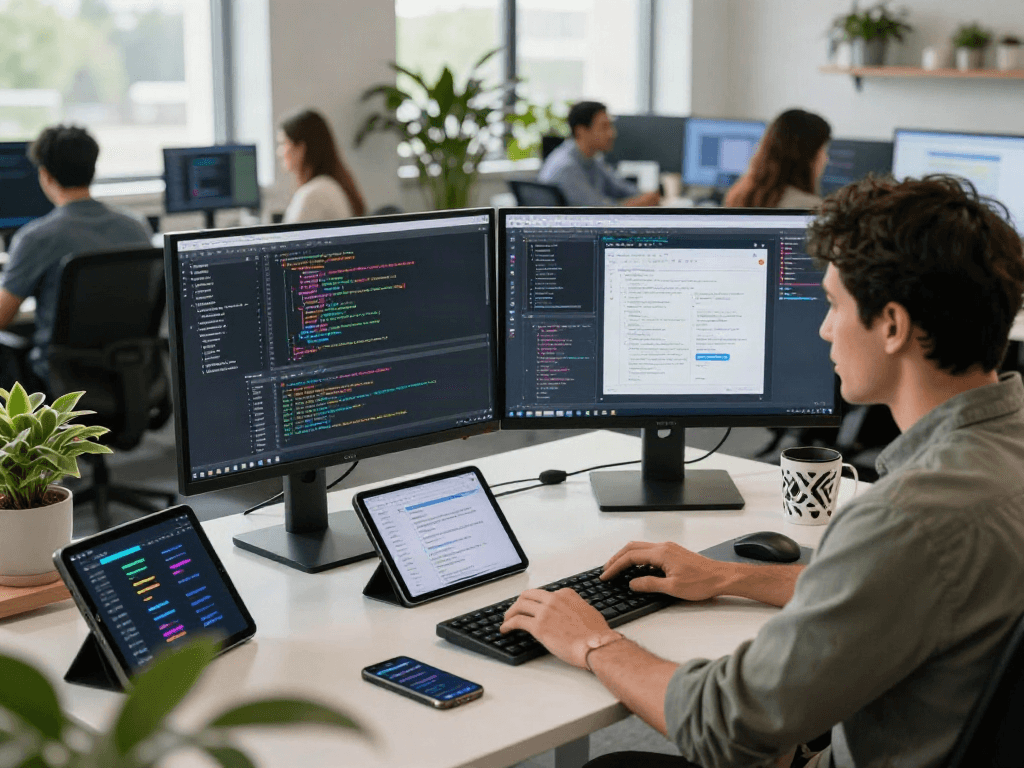Developer coding at dual monitors during bro138 login process in a modern office setting.