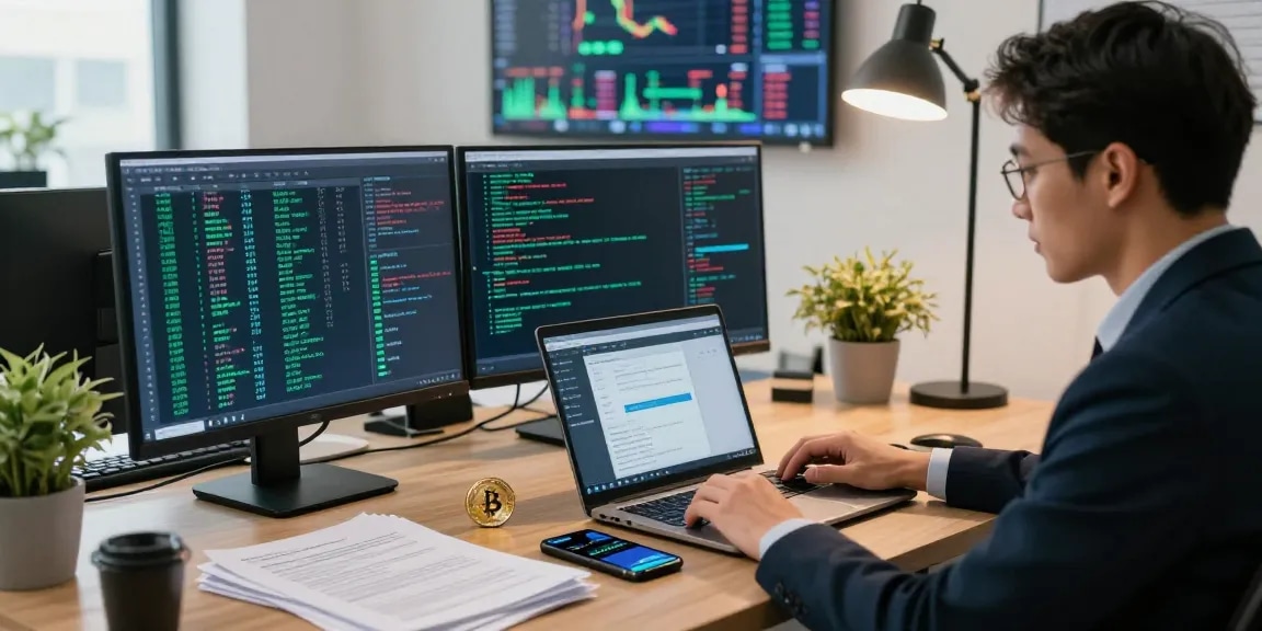Recover stolen cryptocurrency with analytical tools in a modern office setting.