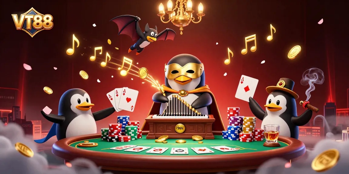 Engage with VT88 while the phantom opera penguin entertains at the casino's vibrant poker scene.