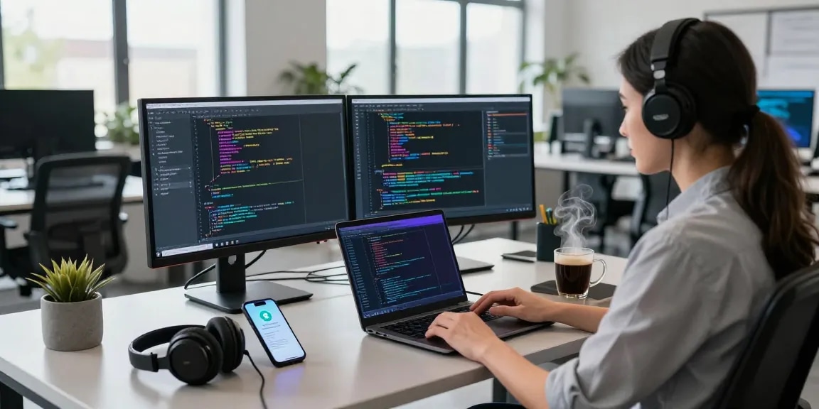 Communicative workspace showcasing a developer coding Telegram features using 纸飞机中文版 tools.