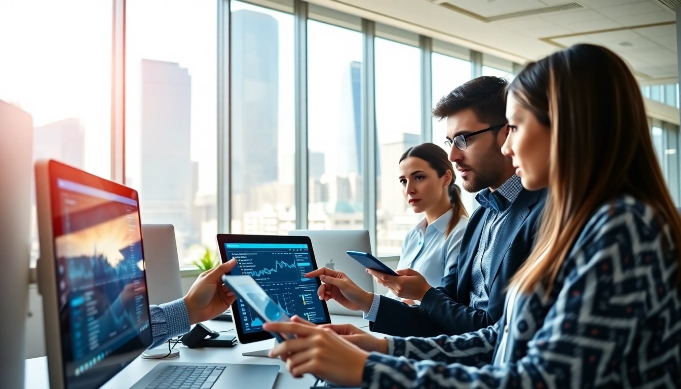 Showcasing the EORMC development team analyzing blockchain technology in a modern office.