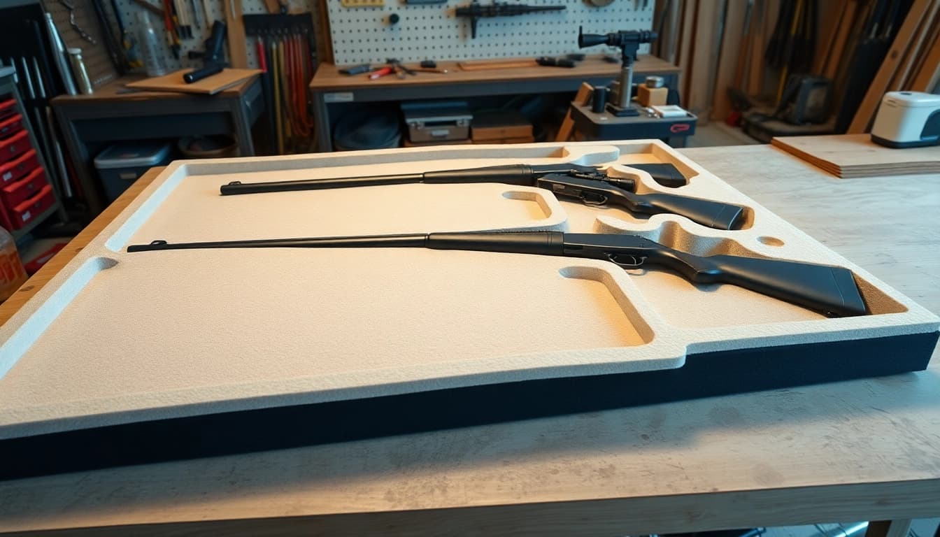 Custom foam for rifle case providing secure storage and protection.