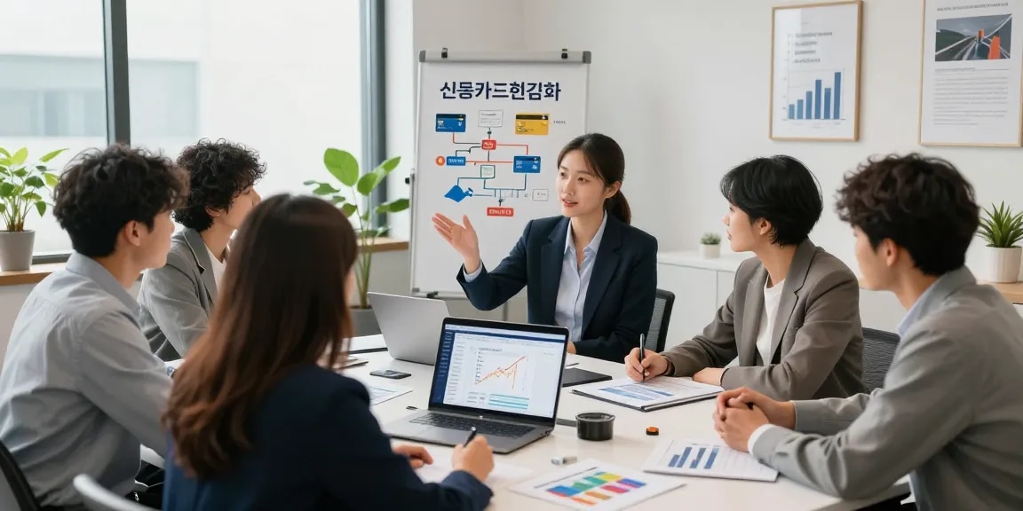 Financial consulting session on 신용카드현금화 strategies with diverse clients in a modern office.