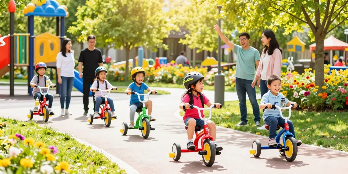 Kids riding the best kids tricycles in a sunny playground, capturing joy and playful energy.