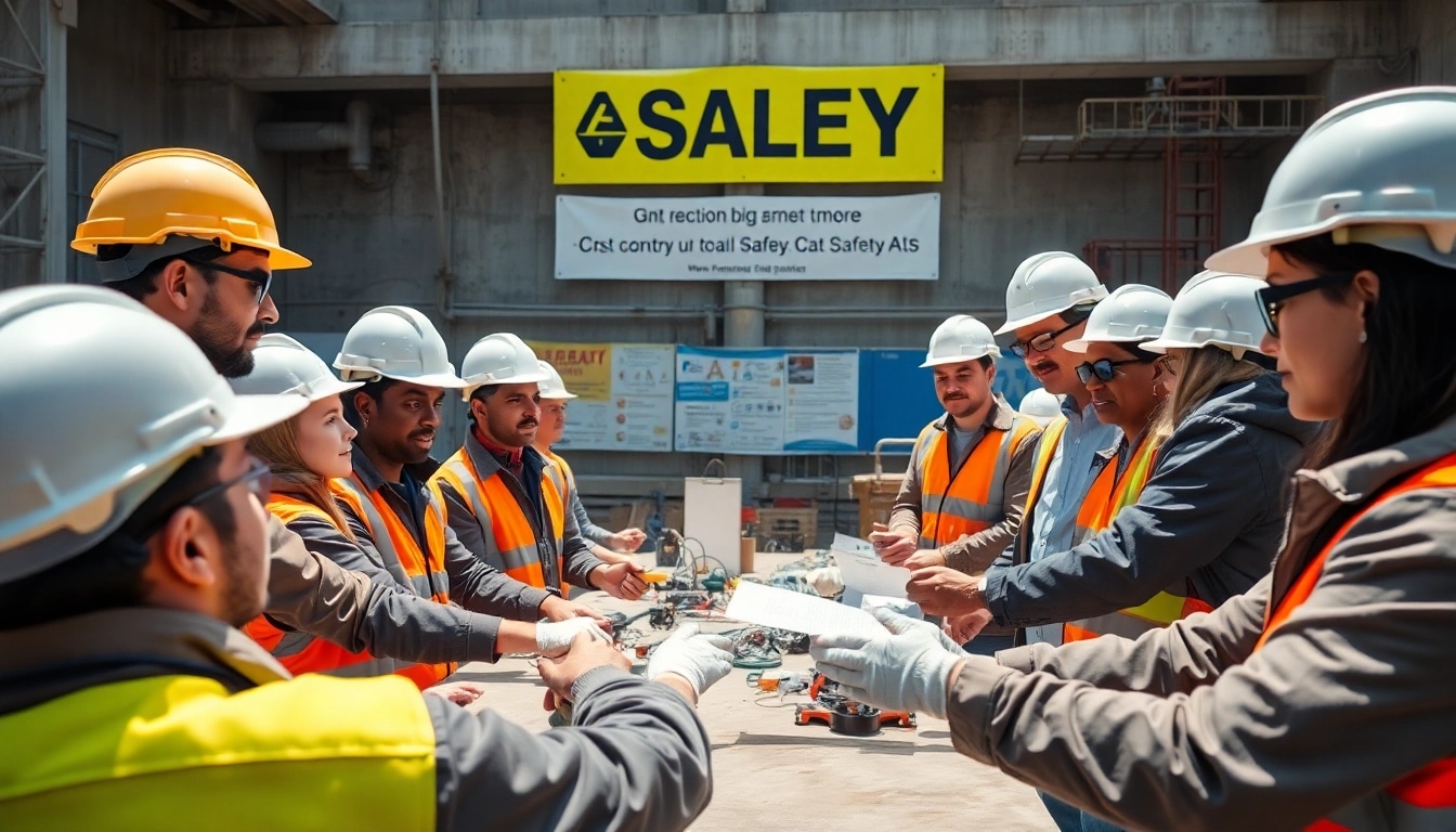 Engaging construction site safety training with workers and safety equipment.