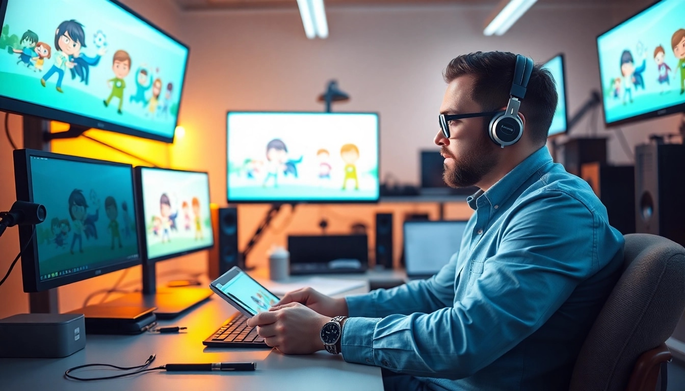 Animation Erstellen in modernem Büro mit kreativen Elementen und lebhaften Bildschirmen.