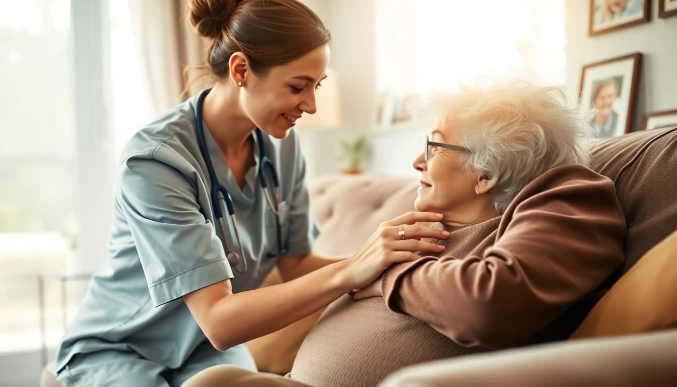 Enhancing at home health care with a caregiver assisting an elderly client in a warm living room.