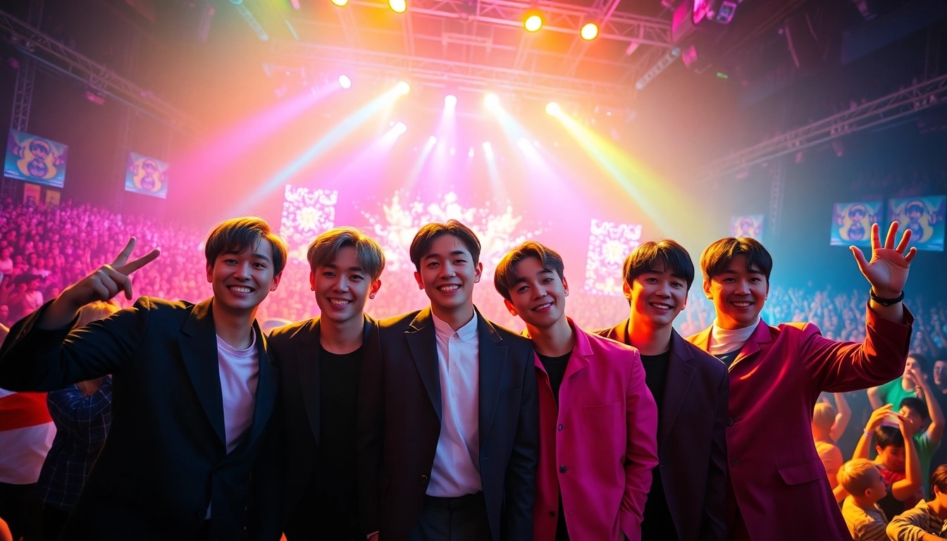 BTS members performing energetically on stage with vibrant lights and enthusiastic crowd.