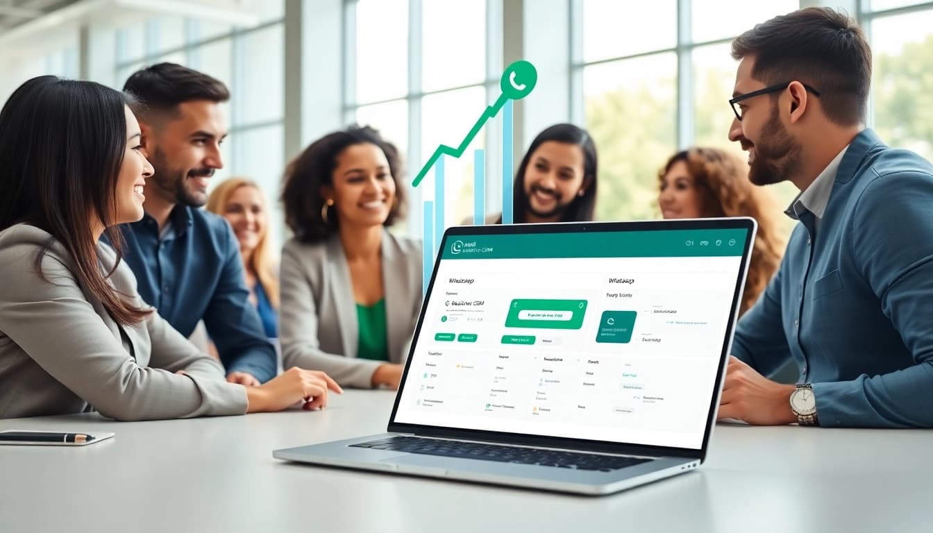 Optimize business efficiency with WhatsApp Smart CRM dashboard in a vibrant office setting.