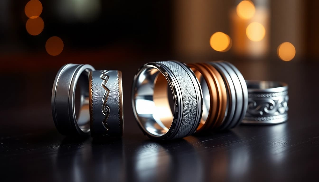 Showcasing elegant tungsten wedding bands with intricate designs and polished finishes.