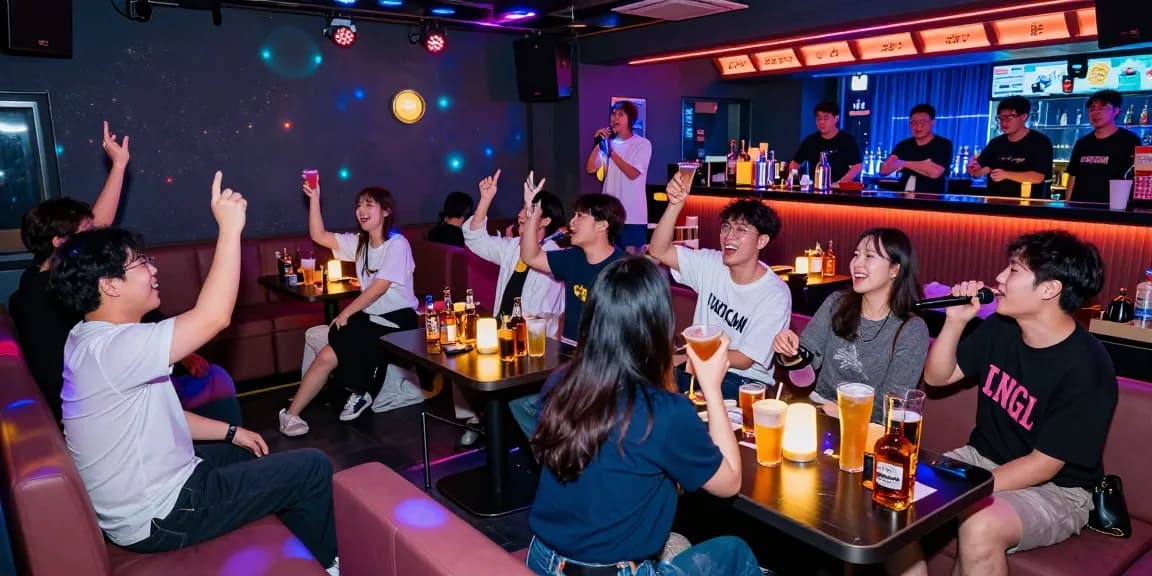 Enjoying 제주유흥 nightlife with lively karaoke, colorful drinks, and vibrant atmosphere.