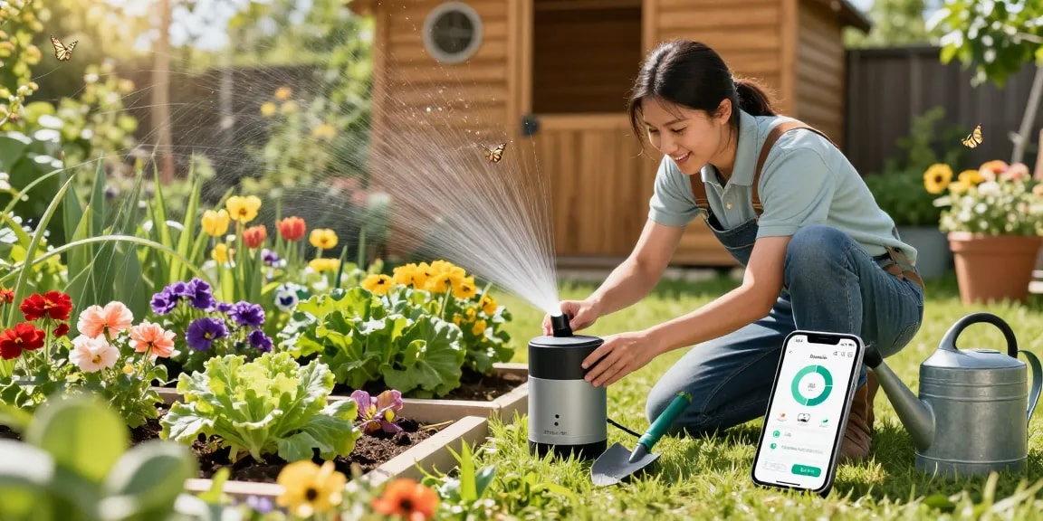Gardener using RainPoint automatic watering system app while setting up garden irrigation system