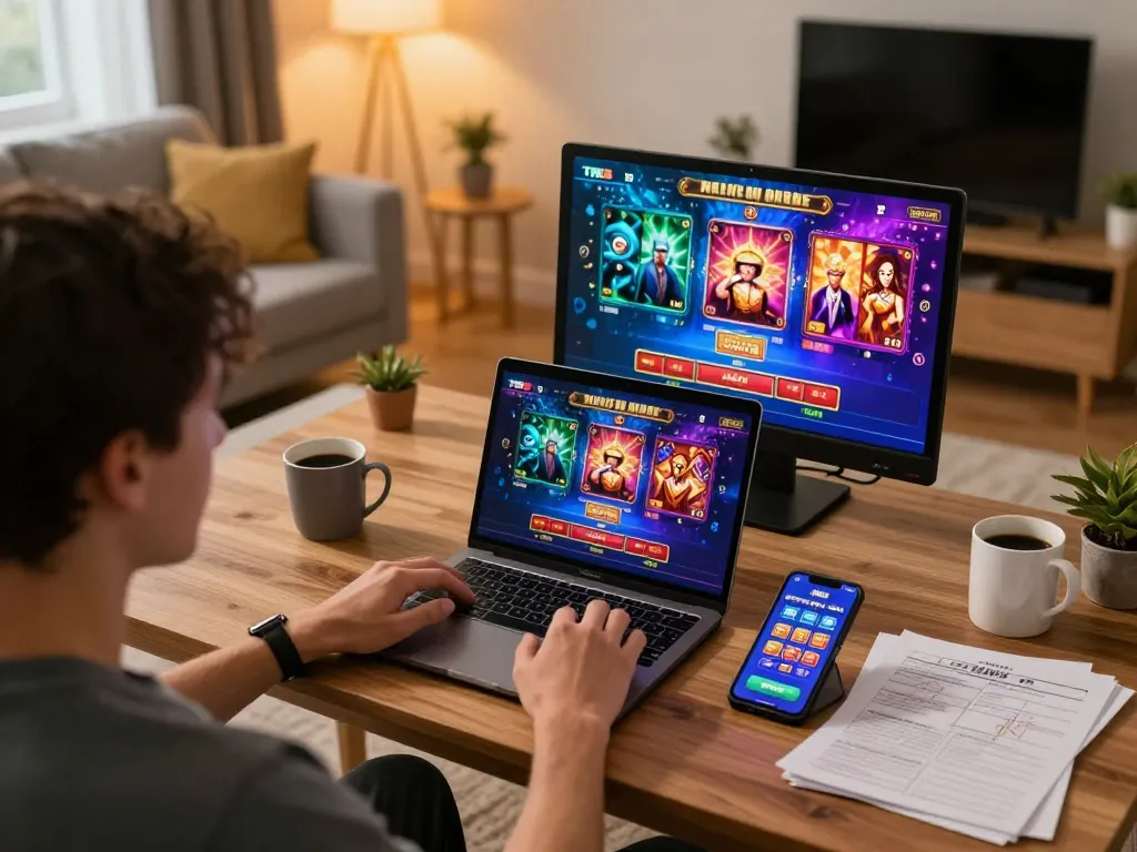 Engaging with TR88 online casino gameplay on a laptop and smartphone in a cozy home setting.