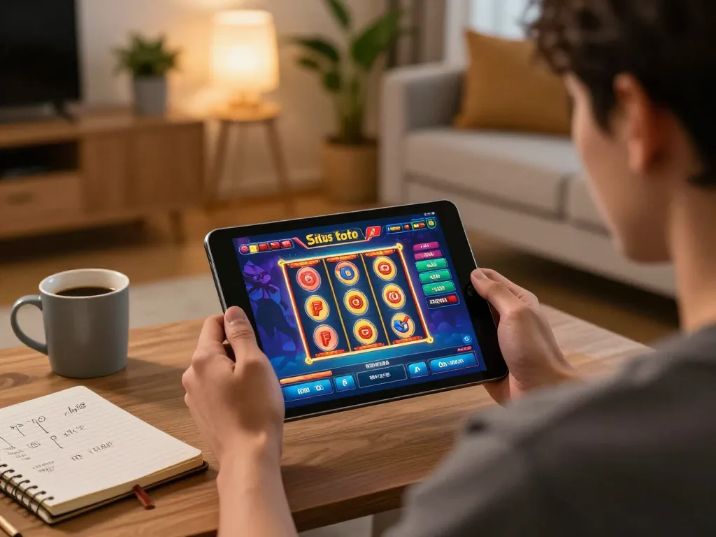Playing situs toto on a tablet at home, engaging in thrilling online slot gameplay.