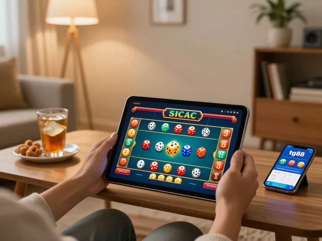 Engaging gameplay on tg88 app with animated Sicbo dice and cozy home setting