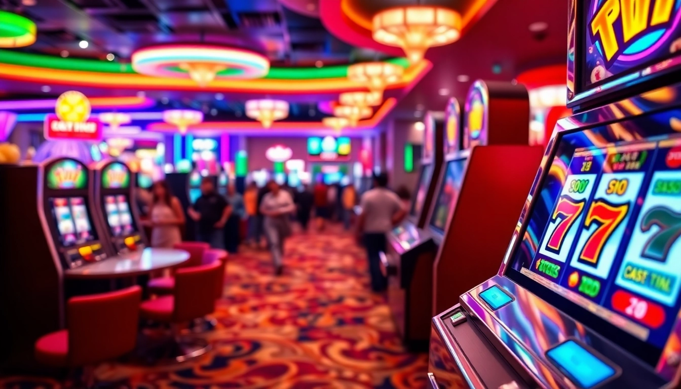 Berinteraksi dengan slot 777 di kasino yang ramai dengan lampu neon.