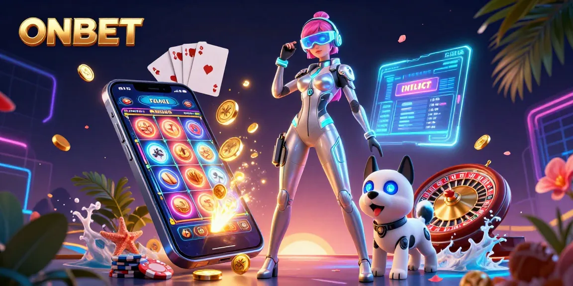 Join the excitement at ONBET with a futuristic scene featuring a casino-themed 3D illustration.