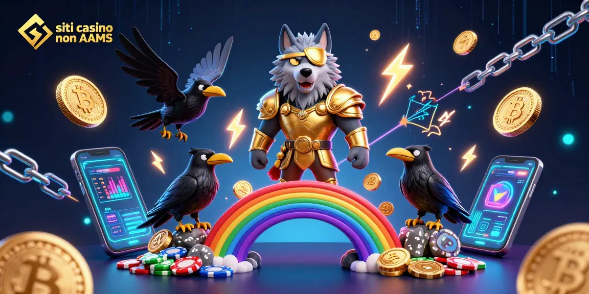 Vivi l'eccitazione sui siti casino non AAMS con vivaci personaggi del casinò immersi in elementi crittografici luminosi.