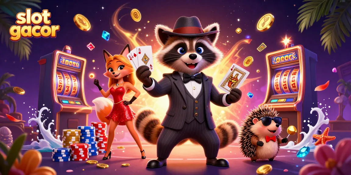 Menangkan slot gacor dengan ilustrasi kasino berwarna-warni dan karakter menarik dalam suasana meriah.
