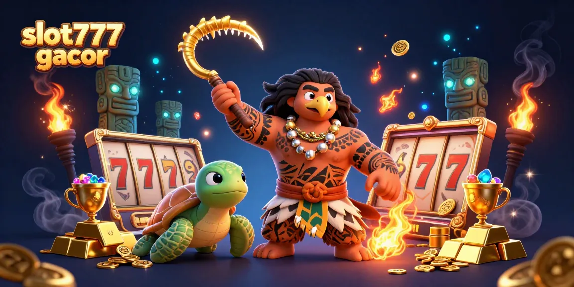 Experience excitement at slot777 gacor with vibrant characters, slot reels, and treasures in an immersive 3D casino illustration.