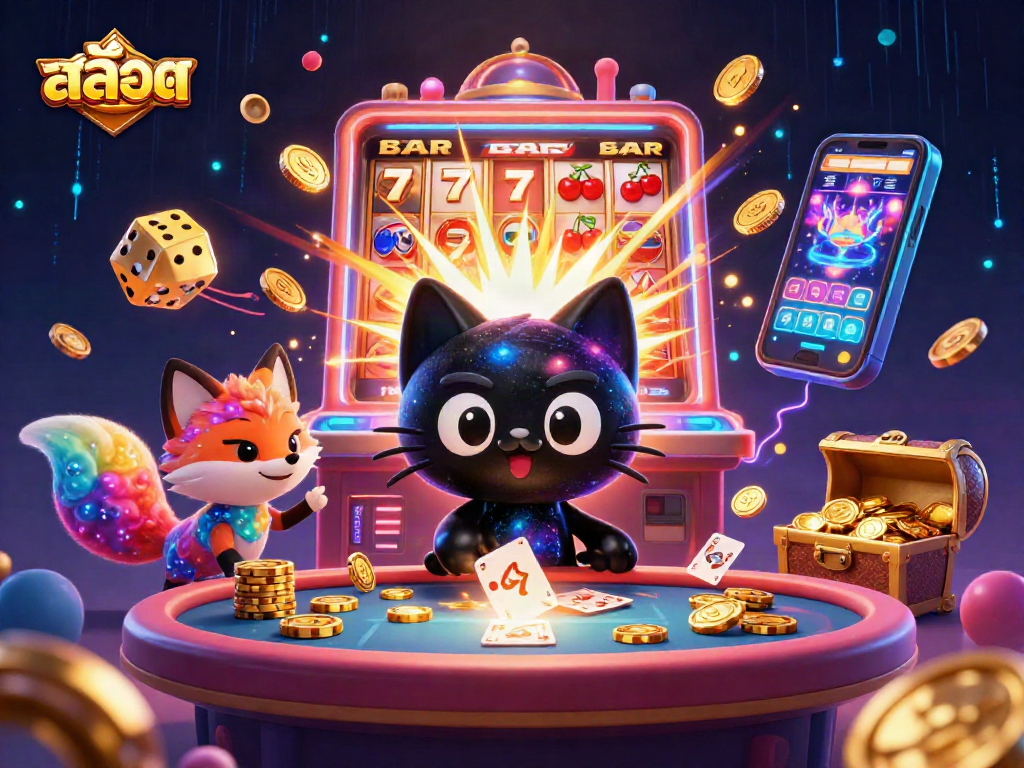 Engage with สล็อต games as a cosmic cat pulls in winning chips and cards at a vibrant casino table.