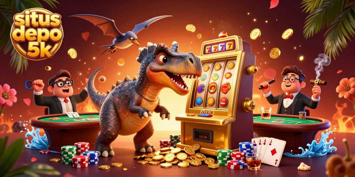 Fitur situs depo 5k dengan dinosaurus bermain slot yang memenangkan koin jackpot.