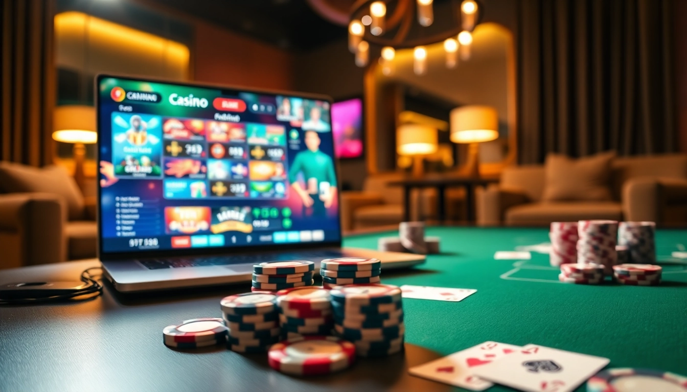 Spielen Sie aufregende casino online spiele auf einem modernen Laptop mit Casino-Utensilien.