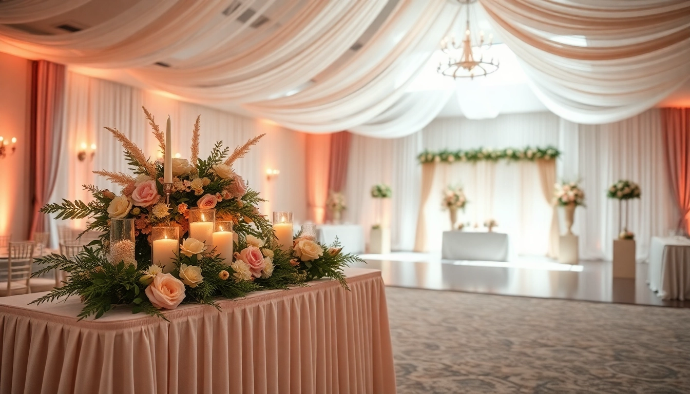 Wedding Event Space Jacksonville showcasing elegant decorations and ambient lighting.