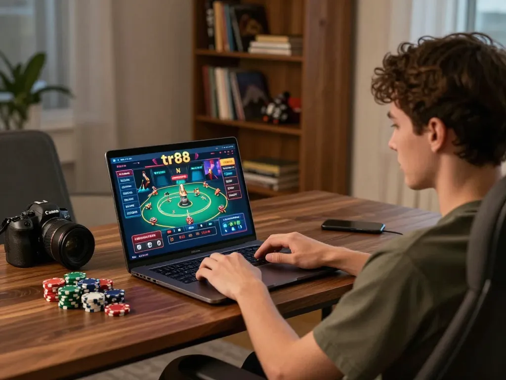 Playing a thrilling game on tr88 online casino setup with strategic notes nearby.