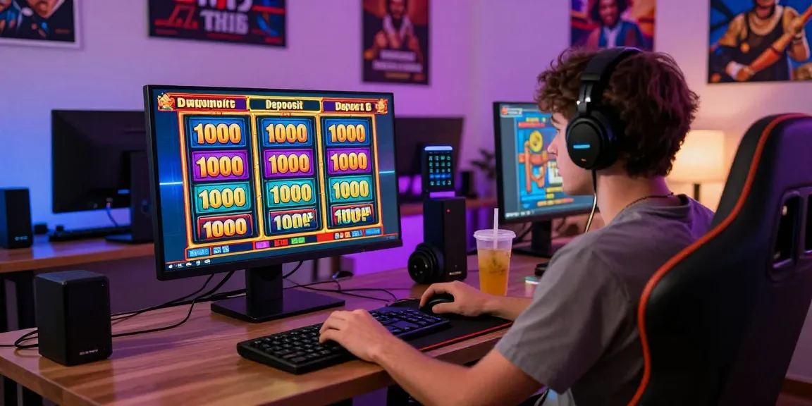 Player enjoying an online slot deposit 1000 game in a modern home office.