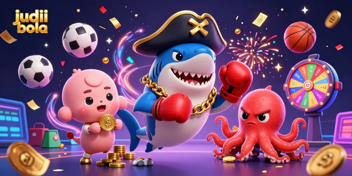 Engage with judi bola by betting with animated characters amidst colorful sports elements.