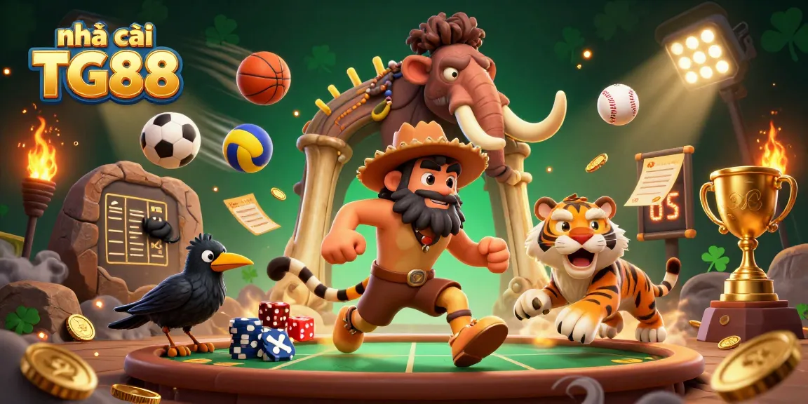 Engage with the dynamic action at nhà cái TG88, featuring a prehistoric themed casino with cartoon caveman action!