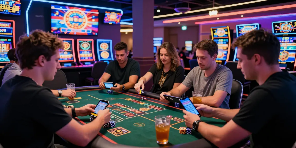 Exciting scene of players at credit card casinos enjoying live dealer games and slots under colorful lights